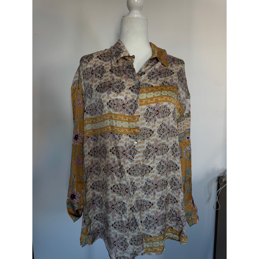 Mango Camisa 200 Patch Floral Paisley Patchwork Blouse Mustard Yellow Large NWT
